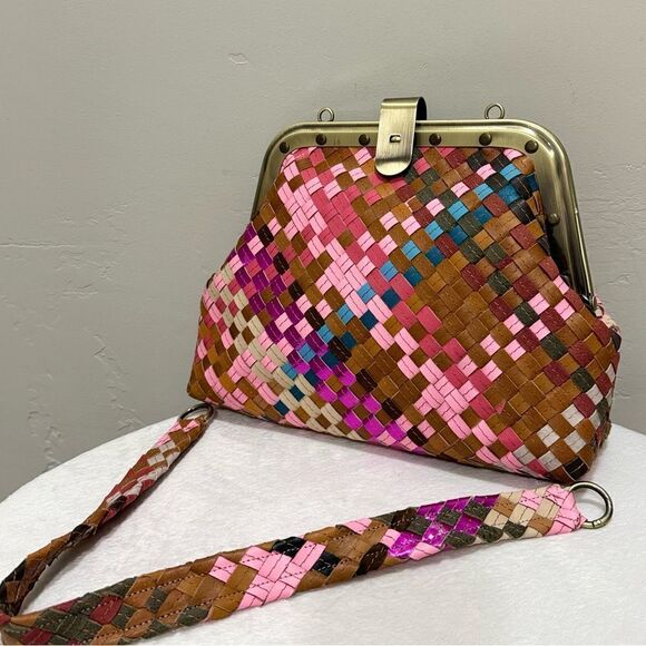 Colorful Genuine Woven Leather Retro Metal Frame & Push Lock Handbag, Crossbody - Picture 1 of 16